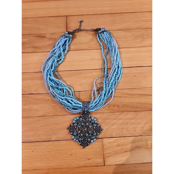 Unbranded Jewelry - Vintage Collar Necklace Turquoise Bead Choker Y2K Teal Large Rhinestone Pendant